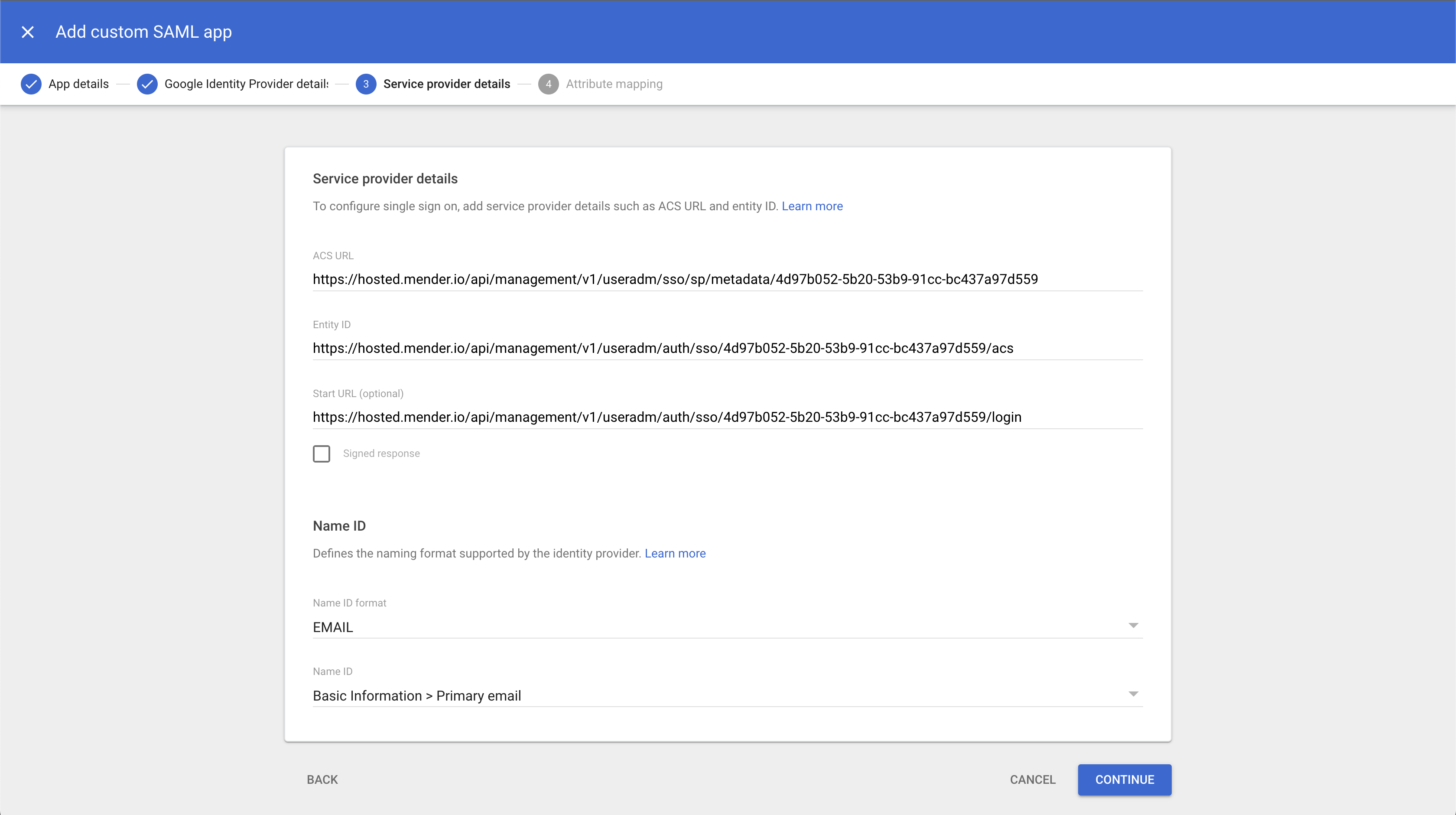 SAML configuration